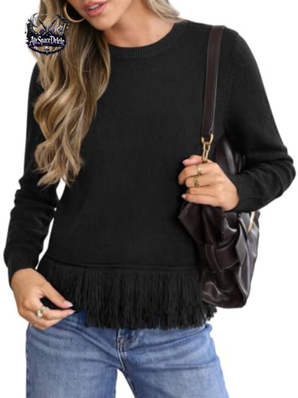 Long Sleeve Fringe Sweater Crewneck Ribbed Knit Pullover Boho